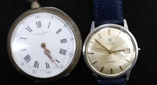 A gentlemans Omega Seamaster automatic wrist watch (lacking winding crown) and a French pocket watch.